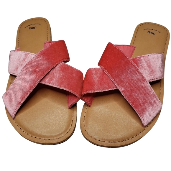 GAP | Blush Pink Velvet Glam Criss Cross Open Toe Slip On Flat Sandals Women's 6 - Picture 2 of 10